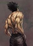  asutora black_hair black_pants brown_background commentary_request copyright_request cowboy_shot facing_away from_behind hands_in_pockets male_focus muscle pants shirtless solo standing 