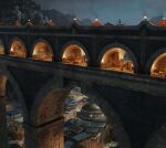  absurdres aqueduct arch bridge city city_lights dome fantasy fire gondola highres mountain multiple_boys multiple_girls night numenor official_art renart rings_of_power rowing scenery table tolkien&#039;s_legendarium torch watercraft watermark 