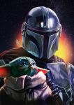  2boys absurdres alien armor colored_skin dated din_djarin green_skin grogu highres looking_at_another mandalorian mandalorian_armor mandalorian_helmet multiple_boys pointy_ears redunitink signature star_(sky) star_wars the_mandalorian upper_body 