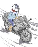  blue_pants boots closed_mouth coat commentary_request driving gloves ground_vehicle helmet ishii_hisao jitome kawasaki knee_boots motor_vehicle motorcycle motorcycle_helmet on_motorcycle pants shima_rin sitting sketch solo yurucamp 