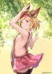  :3 animal_ears arm_up ass bangs black_legwear blonde_hair blush breasts brown_eyes commentary_request covered_nipples day djeeta_(granblue_fantasy) erune eyebrows_visible_through_hair granblue_fantasy hairband kemonomimi_mode leaf looking_at_viewer medium_breasts milli_little no_panties outdoors pink_hairband pink_skirt see-through short_hair sideboob skirt smile solo standing thighhighs twitter_username zettai_ryouiki 