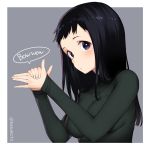  batsu black_eyes black_hair blush breasts commentary_request copyright_request fingernails green_sweater grey_background hands_up highres large_breasts long_sleeves parted_lips shadow_puppet simple_background sweater twitter_username upper_body 