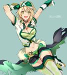  akatsuki_kirika alternate_costume bandana bangs blonde_hair breasts cleavage gloves green_eyes looking_at_viewer medium_breasts navel open_mouth resyeol senki_zesshou_symphogear senki_zesshou_symphogear_xd_unlimited short_hair smile solo symphogear_pendant thighhighs 