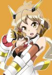  bare_shoulders bodysuit brown_eyes clenched_hand commentary_request hair_ornament hairclip headgear highres kagari_leroy looking_at_viewer open_mouth orange_background senki_zesshou_symphogear short_hair simple_background solo tachibana_hibiki_(symphogear) 
