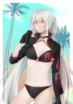  1girl absurdres ahoge bikini black_bikini black_gloves black_jacket breasts cleavage closed_mouth commentary_request cropped_jacket fate/grand_order fate_(series) fjfs522 gloves grey_hair hair_between_eyes highres jacket jeanne_d&#039;arc_alter_(fate) jeanne_d&#039;arc_alter_(swimsuit_berserker)_(fate) large_breasts long_hair navel o-ring official_alternate_costume palm_tree solo stomach swimsuit tree very_long_hair 