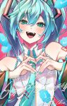  1girl aqua_eyes aqua_hair aqua_nails aqua_necktie bare_shoulders blush collared_shirt commentary_request crossed_bangs detached_sleeves frilled_shirt frilled_shirt_collar frills gradient_background hair_between_eyes hair_ornament hands_up hatsune_miku head_tilt heart heart_hands highres kobacha_(ochakoba) long_hair looking_at_viewer milestone_celebration necktie number_tattoo open_mouth red_background shirt sidelocks signature sleeveless sleeveless_shirt smile solo swept_bangs tattoo teeth thank_you tongue twintails upper_body upper_teeth_only very_long_hair vocaloid white_shirt wide_sleeves 