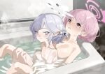  2girls absurdres bathtub blue_archive breasts closed_mouth collarbone eimi_(blue_archive) grey_eyes grey_hair grey_halo halo hara_(user_hwax5447) highres himari_(blue_archive) large_breasts long_hair multiple_girls open_mouth partially_submerged pink_eyes pink_hair pink_halo pointy_ears shared_bathing small_breasts smile water 
