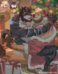  2boys a_zhai_ran_shao_ba_bao_zha_da_mo_wang absurdres animal_ears antlers bara beard black_fur brown_fur chibi chibi_inset christmas christmas_ornaments couple cow_ears cow_horns face-to-face facial_hair full_beard furry furry_male hat highres horns hug iron_mane_(accepted42) male_focus mature_male minotaur multiple_boys muscular muscular_male off_shoulder original reindeer_antlers santa_costume santa_hat sitting sitting_on_lap sitting_on_person thick_beard thick_eyebrows tiger_boy tiger_ears yaoi 