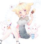  1girl :o anger_vein animal_ears black_footwear black_skirt blonde_hair blue_eyes buttons commission cup disposable_cup drinking_straw eyelashes feet_out_of_frame floppy_ears food grey_shirt grey_sleeves heart heart_in_eye high-waist_skirt holding holding_food holding_popsicle lace-trimmed_shirt lace_trim light_blush looking_at_viewer mary_janes miniskirt original over-kneehighs parted_lips pink_lips pleated_skirt popsicle rabbit rabbit_ears rabbit_tail shirt shoes short_hair short_sleeves simple_background skirt socks solo spoken_anger_vein spoken_heart spoken_star star_(symbol) suna--chan symbol_in_eye tail thighhighs white_background white_socks 