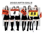  2022 6+girls ^_^ autobacs_racing_team_aguri belt black_footwear black_hair black_thighhighs boots brown_hair character_name closed_eyes dress earrings fanny_pack flag full_body grey_background grey_belt hair_behind_ear hara_kotoha high_heel_boots high_heels highres holding holding_flag hoop_earrings jewelry kamio_mizuki kondo_koji_(kojikon) looking_ahead maki_shiori_(race_queen) mikoshiba_kana multiple_girls pink_lips race_queen real_life sakurada_rina sawa_sumire signature sleeveless sleeveless_dress smile super_gt thighhighs visor_cap 