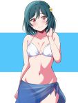  1girl aqua_hair ass_visible_through_thighs bare_arms bikini blush borgbutler breasts cleavage closed_mouth collarbone commentary groin hair_ribbon halterneck hand_in_own_hair highres looking_at_viewer love_live! love_live!_nijigasaki_high_school_idol_club medium_hair mifune_shioriko navel red_eyes ribbon sarong small_breasts smile solo standing swimsuit thigh_gap white_bikini yellow_ribbon 