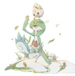  :o artist_name closed_eyes colored_skin falling_leaves floating gardevoir green_hair head_wreath highres igglybuff ktbr_2 leaf on_grass pachirisu pokemon pokemon_(creature) red_eyes simple_background sitting tail twitter_username white_background white_skin 