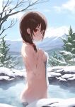 1girl absurdres ass bei_liou blush bow breasts brown_hair commentary covering_privates dated_commentary hair_bow hand_on_own_chest highres kono_subarashii_sekai_ni_shukufuku_wo! looking_at_viewer medium_breasts mountain nude_cover onsen outdoors red_eyes sideboob sideways_glance snow solo steam wading water_drop white_towel yunyun_(konosuba) 