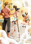  5boys antlers back black_hair blonde_hair blush_stickers commentary_request fujisee green_hair hand_on_own_hip highres horns indoors long_nose male_focus monkey_d._luffy multiple_boys one_piece pink_shirt ponytail reindeer_antlers roronoa_zoro sanji_(one_piece) scar scar_on_face sharp_teeth shirt short_hair soap_bubbles t-shirt teeth tony_tony_chopper twitter_username usopp 