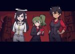  3girls angel black_eyes black_hair blush breasts demon_girl demon_horns english_commentary green_eyes green_hair halo helltaker highres horns igarashi_futaba_(shiromanta) kurobe_natsumi_(shiromanta) large_breasts medium_hair multiple_girls office_lady panqlao ponytail red_shirt sakurai_touko senpai_ga_uzai_kouhai_no_hanashi shirt short_hair white_horns 