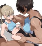  2girls blonde_hair blue_eyes breasts brown_hair bulge dark-skinned_female dark_skin erection erection_under_clothes futa_with_female futanari gym_uniform height_difference highres implied_futanari kei_(m_k) large_breasts long_hair m_k multiple_girls original ponytail rika_(m_k) short_hair simple_background size_difference sweat tall tall_female tan tomboy 