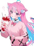  1girl ? absurdres ahoge animal_ear_fluff animal_ear_piercing animal_ears black_choker blue_hair blue_nails blush bow bowtie cardigan cat_ears cat_tail choker colored_inner_hair cup fingernails hand_up highres holding holding_cup hololive long_fingernails long_hair long_sleeves looking_at_viewer minato_aqua multicolored_hair nail_polish nel_dcm parfait pink_bow pink_bowtie pink_cardigan pink_hair plaid plaid_skirt purple_eyes shirt simple_background skirt solo tail tongue tongue_out upper_body very_long_hair virtual_youtuber white_background white_shirt 