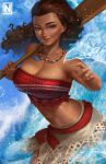  1girl absurdres artist_logo artist_name bare_shoulders black_hair breasts brown_eyes carrying_over_shoulder cleavage collarbone dark-skinned_female dark_skin highres holding holding_oar jewelry large_breasts long_hair looking_at_viewer moana_(movie) moana_waialiki necklace nopeys oar patreon_logo patreon_username red_tube_top skirt smile solo strapless tube_top water watermark web_address white_skirt 
