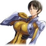  1girl arm_at_side armor artist_request bodysuit breasts brown_hair chiba_nagisa closed_mouth code_geass code_geass:_lost_stories cropped_torso cropped_vest dutch_angle game_cg grey_vest hand_up large_breasts looking_at_viewer non-web_source official_art shiny_clothes short_hair shoulder_armor sidelocks simple_background skin_tight solo standing transparent_background upper_body v-shaped_eyebrows vest yellow_bodysuit zipper_pull_tab 