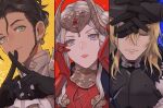  1girl 2boys blonde_hair blue_eyes brown_hair claude_von_riegan dark-skinned_male dark_skin dimitri_alexandre_blaiddyd edelgard_von_hresvelg fire_emblem fire_emblem:_three_houses highres hilda_valentine_goneril looking_at_viewer multiple_boys portrait purple_eyes white_hair yachimata_1205 