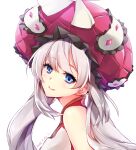  1girl blue_eyes close-up closed_mouth dated dress fate/grand_order fate_(series) frilled_headwear from_side grey_hair hat highres ho-cki large_hat long_hair looking_at_viewer looking_to_the_side marie_antoinette_(fate) pink_dress pink_gemstone pink_headwear sleeveless sleeveless_dress smile solo 