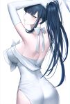  1girl absurdres ass black_hair blue_archive blue_eyes blue_halo breasts dress elbow_gloves from_behind gloves halo highres large_breasts long_hair official_alternate_costume raku_(clearpage) saori_(blue_archive) saori_(dress)_(blue_archive) solo strapless strapless_dress white_dress white_gloves 