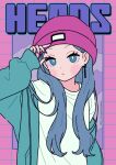  1girl arm_up beanie blue_eyes blue_hair blue_jacket blue_outline closed_mouth commentary dated english_text hat highres jacket long_hair long_sleeves nail_polish neki_(wakiko) open_clothes open_jacket original outline parted_bangs pink_headwear puffy_long_sleeves puffy_sleeves purple_nails shirt sleeves_past_fingers sleeves_past_wrists solo twitter_username upper_body white_shirt 