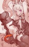  1girl absurdres armpits arms_up blush bow bowtie cagliostro_(granblue_fantasy) commentary_request dated_commentary granblue_fantasy highres long_hair looking_at_viewer monochrome nurami_(shouji) open_mouth panties purple_eyes restrained sitting solo teeth tentacles thighhighs thighs underwear upper_teeth_only 