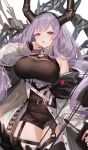  1girl arknights bare_shoulders black_horns black_shirt black_shorts breasts commentary_request cowboy_shot fake_horns highres horn_hairband horns jacket large_breasts long_hair long_sleeves looking_at_viewer low_twintails nima_(niru54) off_shoulder open_mouth puffy_long_sleeves puffy_sleeves purple_hair red_eyes shirt short_shorts shorts solo twintails typhon_(arknights) white_jacket 