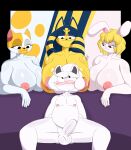 absurd_res adventure_time animal_crossing ankha_(animal_crossing) anthro big_breasts big_female_small_male bodily_fluids breasts cake_the_cat carrot_(one_piece) cartoon_network dave_(llama_davv) female group hi_res llama_davv looking_at_another male male/female nervous nervous_expression nervous_smile nervous_sweat nintendo one_piece size_difference smaller_male sweat