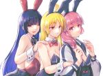  animal_ears bare_shoulders black_bow black_bowtie black_hair black_leotard blonde_hair blue_eyes bocchi_the_rock! bow bowtie breasts closed_mouth detached_collar ear_piercing fake_animal_ears hand_on_another&#039;s_shoulder hiroi_kikuri ijichi_seika jacket large_breasts leotard long_hair medium_breasts mole mole_on_breast multicolored_clothes multicolored_jacket one_eye_closed pa-san piercing playboy_bunny purple_eyes purple_hair rabbit_ears red_bow red_bowtie red_eyes red_leotard simple_background tongue tongue_out two-tone_jacket upper_body white_background yamakou_(pixiv16324) 