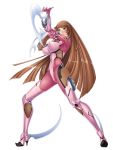  00s 1girl aoi_nagisa_(metalder) blue_eyes bodysuit breasts brown_hair erect_nipples female fighting_stance full_body high_heels hime_cut impossible_clothes koukawa_asuka large_breasts lilith-soft long_hair looking_at_viewer multiple_views ninja no_bra open_mouth simple_background skin_tight smile taimanin_(series) taimanin_asagi thighhighs very_long_hair weapon white_background 
