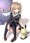  ass_visible_through_thighs bangs black_legwear blonde_hair blush closed_mouth commentary_request cross cross_necklace dress eyebrows_visible_through_hair full_body game_club_project gengar hair_between_eyes headset highres holding jewelry long_hair long_sleeves looking_at_another mimikyu minato_yoshihiro necklace one_side_up poke_ball poke_ball_(generic) pokemon pokemon_(creature) red_eyes shoes sitting smile thighhighs thighs virtual_youtuber yumesaki_kaede 
