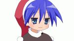  :3 animated animated_gif blue_eyes blue_hair dancing derivative_work doremy_sweet double_v hat izumi_konata looking_at_viewer lucky_star motteke!_serafuku nightcap pom_pom_(clothes) red_hat revision shikushiku_(amamori_weekly) solo touhou turtleneck upper_body v 