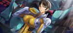  1girl arm_at_side armor artist_request bodysuit breasts brown_hair chiba_nagisa closed_mouth code_geass code_geass:_lost_stories cropped_vest dutch_angle game_cg gekka_(code_geass) grey_vest hand_up highres large_breasts light_particles light_rays looking_at_viewer night non-web_source official_art outdoors shiny_clothes short_hair shoulder_armor sidelocks skin_tight solo standing upper_body v-shaped_eyebrows vest yellow_bodysuit zipper_pull_tab 