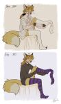 absurd_res anthro blonde_hair blue_eyes canid canine classy clothing edgar_vladilisitsa footwear fox hair hi_res male mammal meme ponytail socks solo tatujapa vulpin