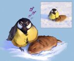 ambiguous_gender avian beak biped bird brown_body brown_fur claws duo feathered_wings feathers feral fur hi_res looking_at_viewer mammal meme menacing_(meme) oscine passerine rappenem reference_image rodent tail tit_(bird) wings