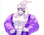 2024 5_fingers abs anthro artist_logo artist_name asriel_dreemurr asriel_dreemurr_(god_form) barazoku bathrobe big_muscles big_pecs bovid caprine clothed clothing colored digital_drawing_(artwork) digital_media_(artwork) fingers fur goat hair hi_res horn huge_muscles humanoid_hands logo long_ears long_horn looking_at_viewer male mammal manly muscular muscular_anthro muscular_male pecs purple_bathrobe purple_clothing purple_robe robe simple_background solo undertale undertale_(series) voidfoxtamcin white_background white_body white_fur white_hair