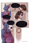 bastriw brown_eyes canid canine canis clock clothing comic dialogue domestic_cat domestic_dog felid feline felis fernando_(bastriw) hi_res male mammal muscular muscular_male pato_(bastriw) purple_eyes text undressing