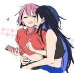  2girls atenaba bare_arms belt black_hair black_tank_top blue_hair blue_nails blush cellphone closed_eyes colored_inner_hair commentary crop_top cropped_shirt fingernails hand_on_another&#039;s_waist hashtag_only_commentary heart highres holding holding_phone jewelry kiss kissing_cheek kororon_(song) long_fingernails multicolored_hair multiple_girls necklace open_mouth phone pink_hair red_shirt shirt short_hair short_sleeves simple_background smartphone smile tank_top upper_body white_background yuri 