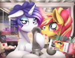  2018 absurd_res animal_genitalia animal_penis buttplug cellphone dialogue digital_media_(artwork) english_text equestria_girls equine equine_penis eyelashes eyeshadow female feral friendship_is_magic group hair hi_res horn inside looking_at_viewer makeup male male/female mammal multicolored_hair my_little_pony nevobaster open_mouth oral penis phone rarity_(mlp) sex sex_toy sunset_shimmer_(eg) text tongue tongue_out two_tone_hair unicorn 