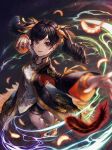  1girl absurdres black_hair black_shorts blurry bracelet bright_pupils chinese_clothes commentary_request depth_of_field falling_feathers feathers fighting_stance from_above full_body highres jewelry light_blush ling_xiaoyu long_hair looking_at_viewer mahos_san parted_lips red_eyes shorts smile solo standing tekken tekken_8 twintails wide_sleeves 
