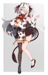  1girl absurdres animal_ears animal_print bare_shoulders bell black_footwear black_skirt black_thighhighs blush breasts commentary_request cow_ears cow_girl cow_horns cow_print cow_tail cowbell full_body grey_background grey_hair hair_intakes hair_ornament hair_over_one_eye hairclip hand_up high_heels highres horns large_breasts long_hair marota marota_(character) mole mole_under_eye one_eye_covered original parted_lips red_eyes simple_background single_thighhigh skirt smile solo tail thighhighs thighlet twitter_username virtual_youtuber 
