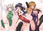  3girls alternate_costume alternate_hairstyle arm_behind_head arm_up armpits ass ass_visible_through_thighs bare_shoulders black_hair black_thighhighs blonde_hair blue_eyes blunt_bangs blunt_ends blush bob_cut breasts brown_eyes brown_hair bun_cover china_dress chinese_clothes cleavage cleavage_cutout clenched_hand clothing_cutout commission dark-skinned_female dark_skin detached_sleeves double_bun dragon_horns dragon_print dress ear_piercing earrings embarrassed fake_horns flexible gradient_hair grey_hair gyaru hair_bun hair_ornament headband highres horns idolmaster idolmaster_shiny_colors impossible_clothes izumi_mei jewelry large_breasts leg_lift leg_up long_hair looking_at_viewer looking_back mayuzumi_fuyuko multicolored_hair multiple_girls navel navel_cutout no_bra one_eye_closed open_mouth panties pantyshot parted_bangs partially_visible_vulva pelvic_curtain piercing print_dress red_dress serizawa_asahi short_dress short_hair side-tie_dress side-tie_panties side_slit simple_background skeb_commission sleeveless sleeveless_dress small_breasts smile split standing standing_on_one_leg standing_split straylight_(idolmaster) teeth thighhighs thong two_side_up underwear upper_teeth_only white_panties white_thighhighs yoi_naosuke 