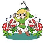 ambiguous_gender clothing crossover elemental_creature flora_fauna footwear group humanoid hylian male mario_bros musical_note nintendo not_furry open_mouth piranha_plant plant rutiwa simple_background the_legend_of_zelda toon_link wind_waker