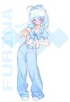  1girl absurdres ahoge baggy_pants blue_eyes blue_hair character_name collarbone denim full_body furina_(genshin_impact) genshin_impact gyaru_v hand_on_own_hip heart highres jeans li_nauu midriff navel notice_lines outline pants parted_bangs ponytail puffy_short_sleeves puffy_sleeves red-tinted_eyewear short_sleeves smile solo tinted_eyewear v white_footwear white_outline 