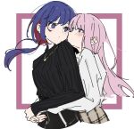  2girls atenaba black_skirt black_sweater blue_eyes blue_hair blush brown_skirt closed_mouth colored_inner_hair highres hug hug_from_behind imminent_kiss jewelry kaf_(kamitsubaki_studio) kamitsubaki_studio kiss kissing_cheek long_hair long_sleeves multicolored_hair multiple_girls necklace pink_background pink_hair plaid plaid_skirt red_hair ribbed_sweater rim_(kamitsubaki_studio) shirt skirt sleeves_past_wrists sweater two-tone_background upper_body white_background white_shirt yellow_pupils yuri 