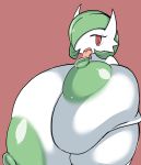  2018 areola big_breasts breasts eyelashes female gardevoir green_hair green_nipples hair huge_breasts humanoid hyper hyper_breasts looking_at_viewer nintendo nipples not_furry open_mouth petronoise pok&eacute;mon pok&eacute;mon_(species) red_eyes simple_background solo tongue tongue_out video_games white_skin 