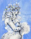  2018 anthro arctic_fox blue_eyes canine clothed clothing face_paint female flower fox fur gem hair heather_bruton lily_(flower) mammal plant solo white_fur white_hair 