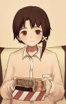  1girl absurdres asymmetrical_hair box brown_eyes brown_hair buttons closed_mouth cookie english_commentary food hair_ornament highres holding holding_box iwakura_lain looking_at_viewer luce65535 pajamas pink_pajamas pov sepia sepia_background serial_experiments_lain short_hair single_sidelock sitting smile solo upper_body x_hair_ornament 